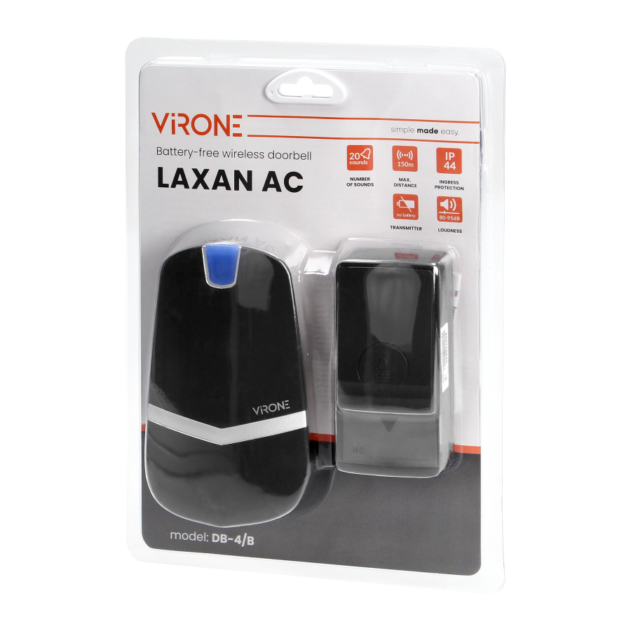 LAXAN AC wireless mains-powered doorbell with battery-free button, learning system, 36 sounds, 150m